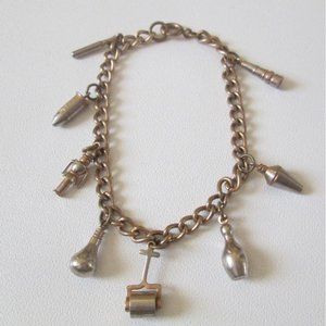 Vintage Charm Bracelet 8 Goldtone Charms Bullet Bowling Pin Cocktail Shaker